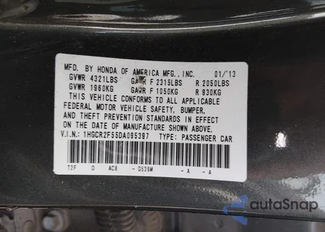 2013 Honda Accord Sport z USA, uszkodzony, nr VIN 1HGCR2F55DA095397